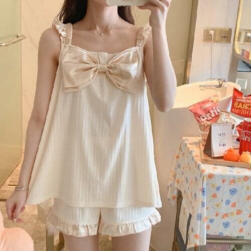 Cotton Pajamas Womens Summer Sleepwear Set New Camisole Shorts Nightwear Pijamas Home Suit Cute Pyjamas Female With Bow