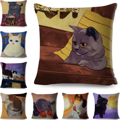 Oil Painting Cute Cat Cushion Cover for Sofa Children Room Decor Colorful Cartoon Pet Animal Pillowcase Pillow Case 45x45cm