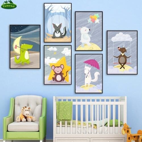 Kawaii Posters And Prints Dinosaur Bear Monkey Fox Woodland Animals Wall Art Canvas Painting Cartoon Pictures Kids Room Decor