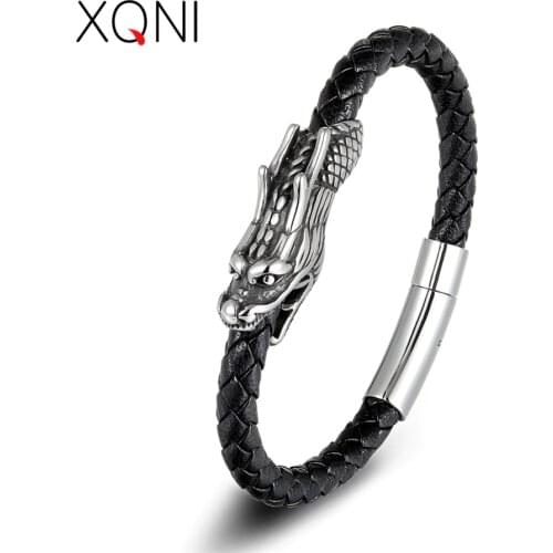 XQNI Neo-Gothic Style Dragon Snake Chain Veins Leather Charm Bracelet Alloy Buckle Fine Jewelry For Men Unisex Birthday Gift