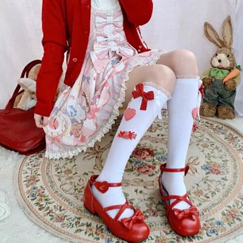 Newly Japanese Lolita Sock Sweet Christmas Candy Heart Bowknot Ankle High Knee Stockingd White Black Gothic Leg Socks COS Loli