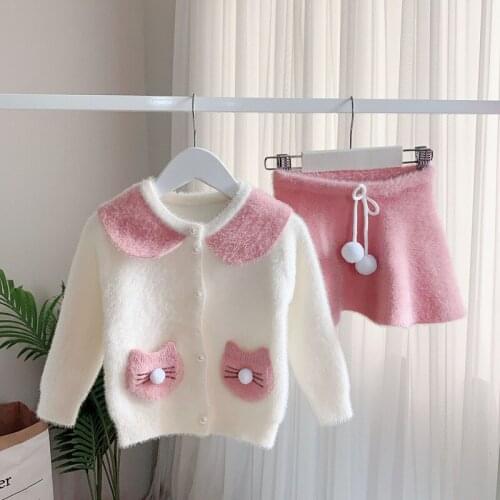 2019 New baby girl Winter Clothing Set Cute Cat Pockets Sweater Cardigan+Skirt,Girls Kids Sweaters Suits Clothes