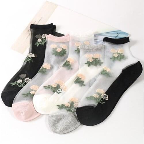 NEW 5 Pairs/Lot Spring Rose Flowers Transparent Cool Short Socks Women Mujer Anti-slip Japanese Thin Sweety Medias Cute Mesh Bas