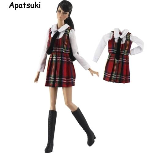 Red Plaided Student Uniform Clothes For Barbie Doll Dress Cosplay Gown Vestido 1/6 Doll Accessories For Barbie Doll Outfits Toys