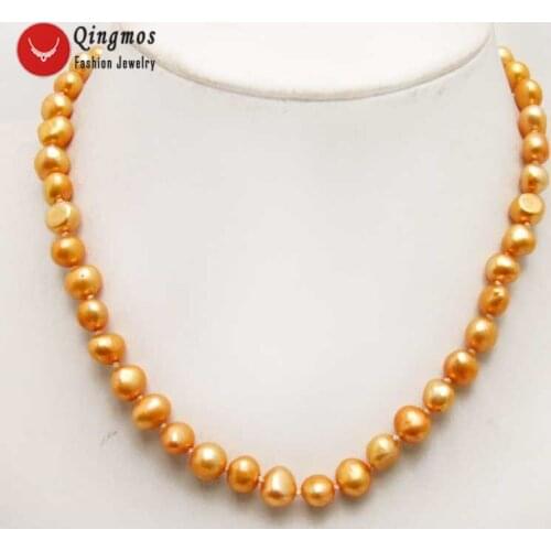 Qingmos Orange Natural Freshwater Pearl Chokers Necklace for Women & 8-9mm Baroque Pearl 17'' Necklace Fine Jewelry -nec6268