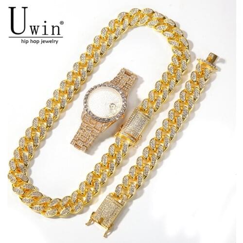 Uwin Cuban Chain Bracelet Necklace Watch Set Gold silver color And Double Set Rhinestone Fashion Hiphop Jewelry Trend