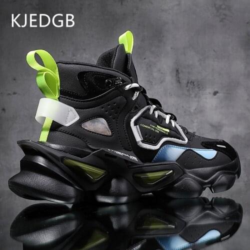 KJEDGB High-top Sneakers Chunky Men Shoes Black Street Trend Fashion Leather Casual Male Shoes Thick Bottom Support Dropshipping