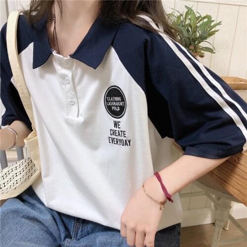 Harajuku Girls' College Short Sleeve Korean tops Womens polo shirt vintage Large Size Loose Female Tops Japanese clothing