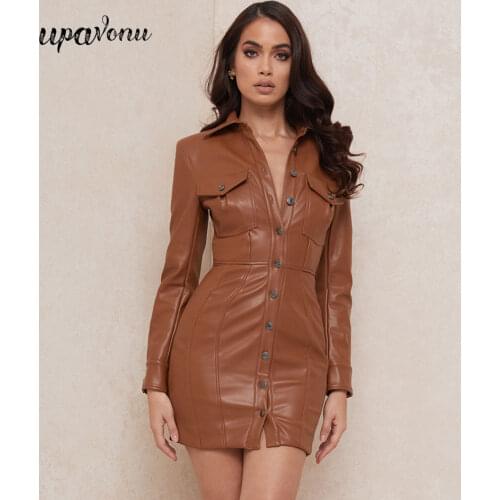 Free Shipping 2020 Fall New Women PU Leather Dress Sexy Lapel Long Sleeve Single Breast Button Bodycon Halter Faux Leather Dress