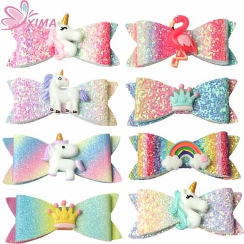 XIMA 2pcs/lot 3inch Gradient Color Hair Bow Mermaid Flamingo Hair Clip Unicorn Hairgrips Girls Hairclips for Party