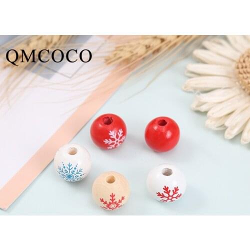 20Pcs 16MM Christmas DIY Printed Snowflake Ronud Ball Wooden Beads Custom Fashion Crafts Kid Toy Jewelry Bracelet Accessories