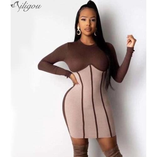 Ailigou 2021 Womens Sexy Long Sleeve Round Neck Patchwork Striped Mini Bodycon Bandage Dress Elegant Party Dress Vestidos