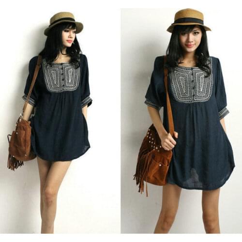 Free Shipping Vtg 70s Navy Blue Ethnic Floral Embroidered MEXICAN Tent mini dress TOP Blouse Dark Free Size