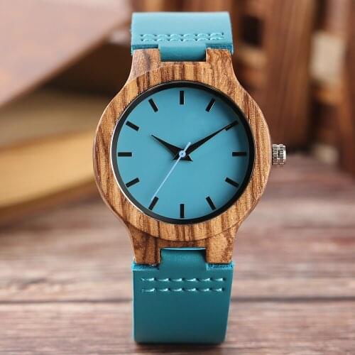 Retro Handmade Ebony Wooden Women Quartz Watches Blue Leather Watchband Retro Nature Wood Quartz Clock In Gift Female