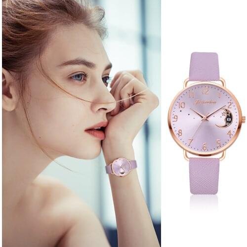 Purple Leather Watch For Women Student Girls Casual Creative Moon Pattern 38MM Dial Ladies Clocks Relogio Feminino
