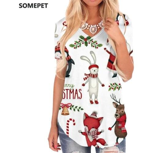 SOMEPET Santa Claus T Shirt Women Christmas V-neck Tshirt Animal Tshirts Printed Party Funny T shirts Womens Clothing Hip hop