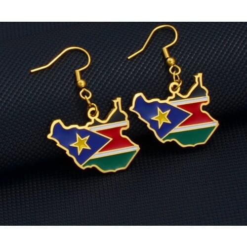 Anniyo South Sudan Map Flag Earrings for Women Girls Gold Color Jewelry South Sudanese Maps Ethnic Gifts #231421