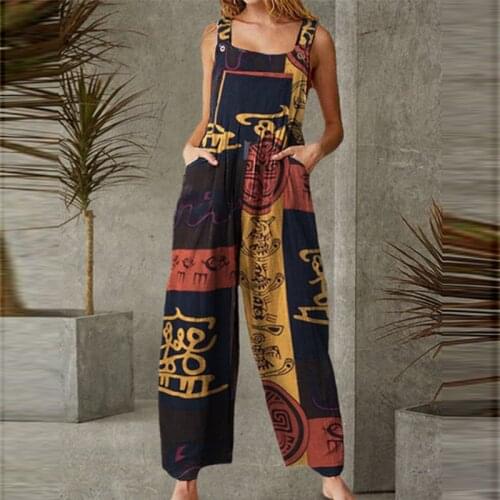 Summer Boho Sleeveless Jumpsuit Vintage Print Pocket Long Playsuit Strap Button Bodysuit Women Loose Romper Playsuit Overalls