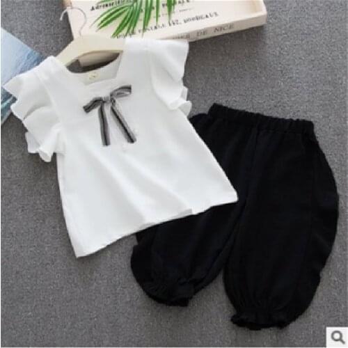 2PCS T-Shirt For Girls Bow Summer Suit Clothes&Pants Ruffle Sleeves Tops Children Wearing