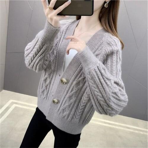 Spring Autumn Korean Short Solid Knitted Sweater Women Clothes Fashion V-Neck Single-Breasted Knitwear Loose Cardigan Tops G1328