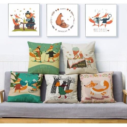 Cartoon Forest Animal Fox Bear Print Pillow Cover 45*45cm Square Cushion Covers Linen Pillows Cases Sofa Home Decor Pillow Case