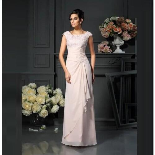 Latest Charming Pale Pink Lace Cap Sleeves Mother of the Bride Dresses Jewel Neck Pleated Wedding Guest Dress Floor Length
