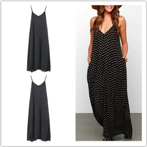 New Trendy Dot Black Printed V-neck Bodycon Women Summer Sleeveless S-XL Long Maxi Dress Sundress Vestidos Female