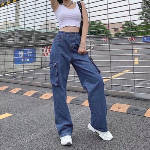 New 2021 Pockets Patchwork High Waist Jeans Women Streetwear Straight Mom Jeans Femme Spring Autumn Cotton Cargo Pants