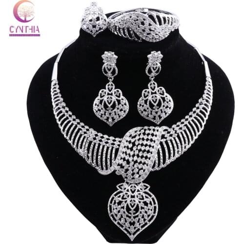 CYNTHIA New Fashion African Jewelry Set Dubai Silver Plated Bridal Necklace Earrings Set Crystal Indian Wedding Jewelry