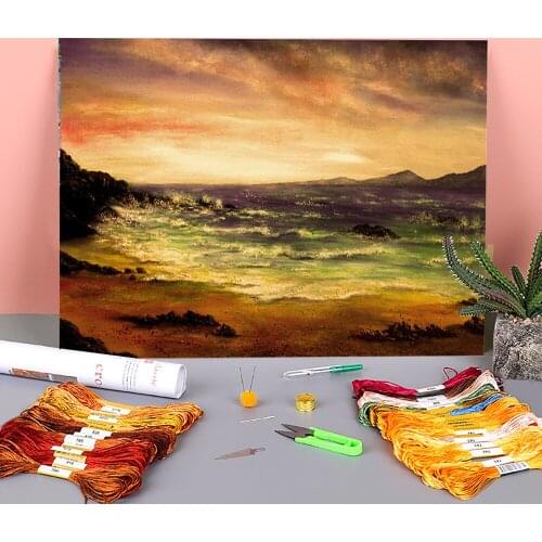 Natural Scenery Evening Beach Printed Water-Soluble Canvas 11CT Cross Stitch Embroidery Full Kit DMC Threads Craft Floss