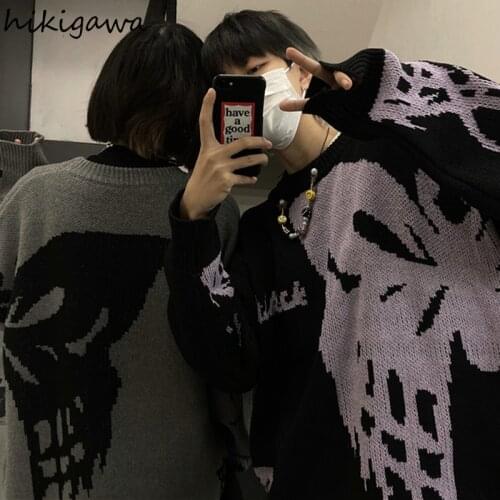 Hikigawa Harajuku Pullovers Women Hip Hop Streetwear Knitted Sweater Butterfly Print Oversized Tops Korean Fashion BF Jumper