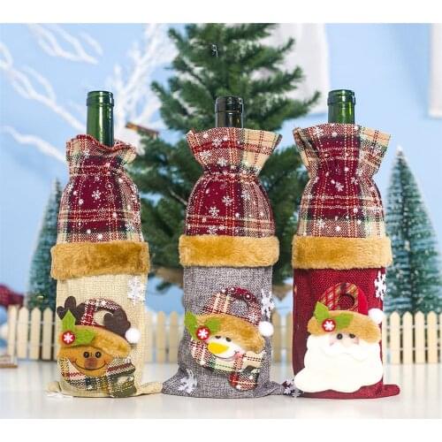Christmas Wine Bottle Linen Snow Santa Claus Snowman Wine Bottle Cover New Year Gift For Party Dinning-table Bottle Decoration