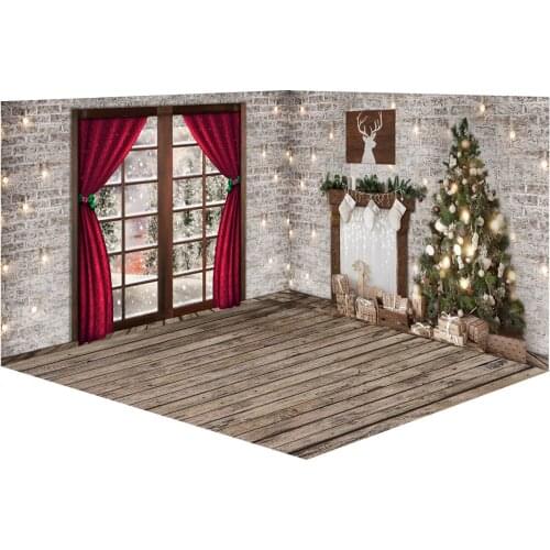 Christmas Trsses Photo Background Backdrops Red Curtain Brick Light Wall Fireplace Wooden Floor Christmas Decorations for Home