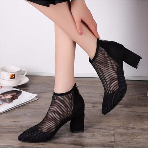 Womens Shoes Summer Breathable New Fashion Sandal Mesh Thick-Heeled Pointed Dress High Heels Square Heel Casual Ankle Cool Boot