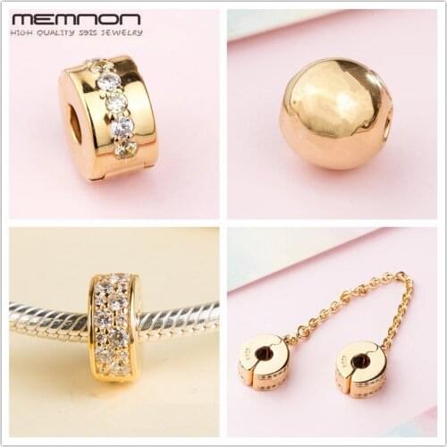 Memnon New spring shine style golden clips and safety chian charms 925 sterling silver fine jewelry fit bead bracelets DIY KT094