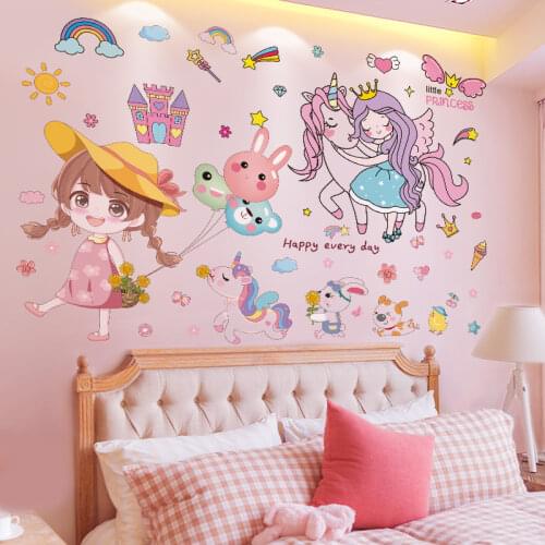 [SHIJUEHEZI] Cartoon Girl Wall Stickers DIY Unicorn Animal Wall Decals for Kids Bedroom Baby Room Nursery Home Decoration