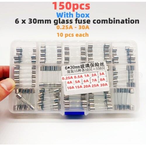 6*30mm150pcs glass fuse box with current protection accessories 0.25 0.5 1 2 3 4 5 6 7 8 10 15 20 25 30A fuse industrial/home