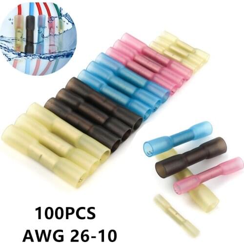 100pcs Heat Shrink Wire Connectors Insulated Waterproof Splice Terminals Seal Butt Electrical Wire Crimp Terminals 26-10 AWG