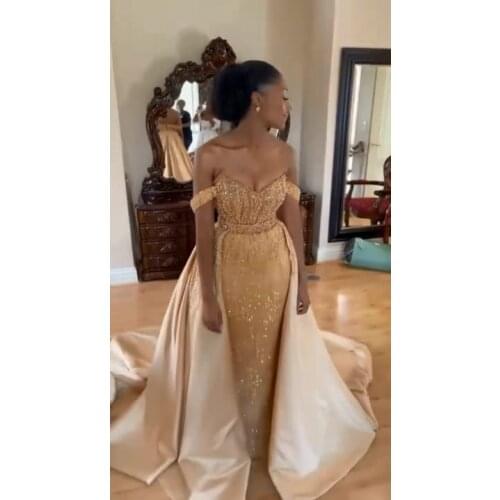 Verngo Sparkly Gold Sequin Meraid Evening Dresses With Detachable Train Off the Shoulder Beads South African Women Prom Gowns