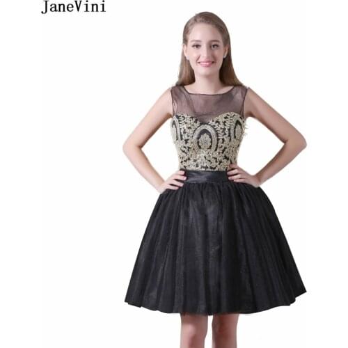 JaneVini Vintage Black Short Bridesmaid Dresses Scoop Neck Gold Lace Appliques Beaded Backless Mini Tulle Prom Gowns In Stock