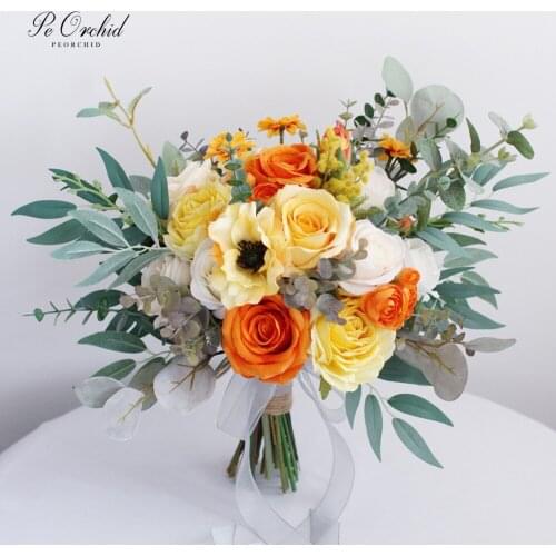 PEORCHID Yellow&Orange Bridal Bouquet Rose 2020 Fall Artificial Bouquet Weding flowers Decoration Vintage Ramo De Novia