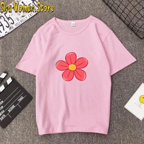 Pink flowers Shirt Women Short Sleeve Cotton T-Shirts Graphic Tees Summer Tee Tops for Female Clothes harajuku y2k tops