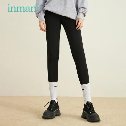 INMAN Womens Leggings Autumn Winter Flexible Slim Elastic Waist Design Minimalist All-Match Black Females Bottoms