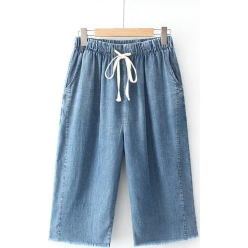 Plus Size Jeans For Women Elastic Waist Looser Denim Extra Large Knee-Length Trousers Under 220 Pounds For Fatlady Wear Summer