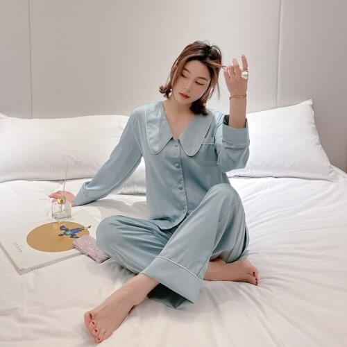 Womens Lake Blue Satin Pajama Set Sleepwear Women Pyjama Set 2Piece/Suit Top Kimono Long Pant Homewear