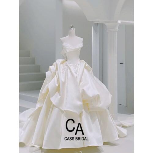 Beige white wedding bridal dress gown strapless satin ruched flowers pearls beading handmade Cathedral Train bride 2021 designer