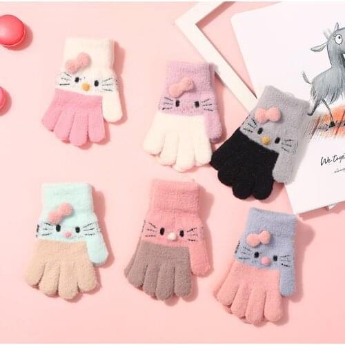Winter Knitted Wool Gloves For Children 3-10 Years Cute Cartoon Cat Pattern Kids Gloves Full Finger Baby Boys Girls Mittens