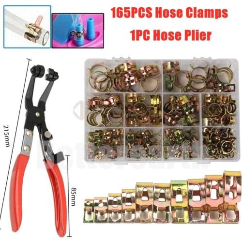 165PCS Zinc Plated 6-22mm Spring Clip Fuel Hose Clamps+ 1PC Hose Clamp Pliers Car Water Pipe Removal Tool