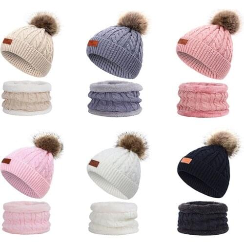 2PCS Winter Hoed Voor Meisjes Baby Jongens Pom Poms Hoed Kinderen Gebreide Mutsen Dikke Skullcap Hoed Baby Peuter Ring Sjaal