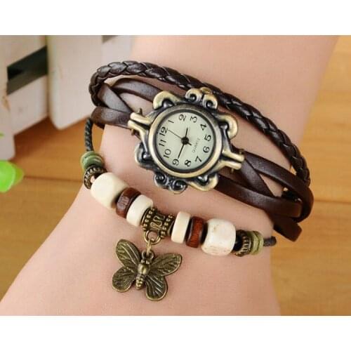 30pcs/lot Multilayer Leather Rope Bracelet 8 Colors MIXORDER Butterfly Pendant Bracelet Wristwatches Watch Bangle Women Jewelry